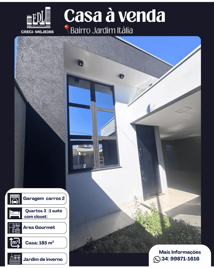 Casa para Venda, em Patos de Minas, bairro Jardim Itália, 3 dormitórios, 2 banheiros, 1 suíte, 2 vagas